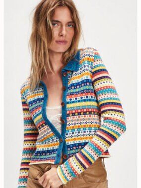 Free People Multicolor Fair Isle Button-Front Cardigan in Teal, Navy & Mustard